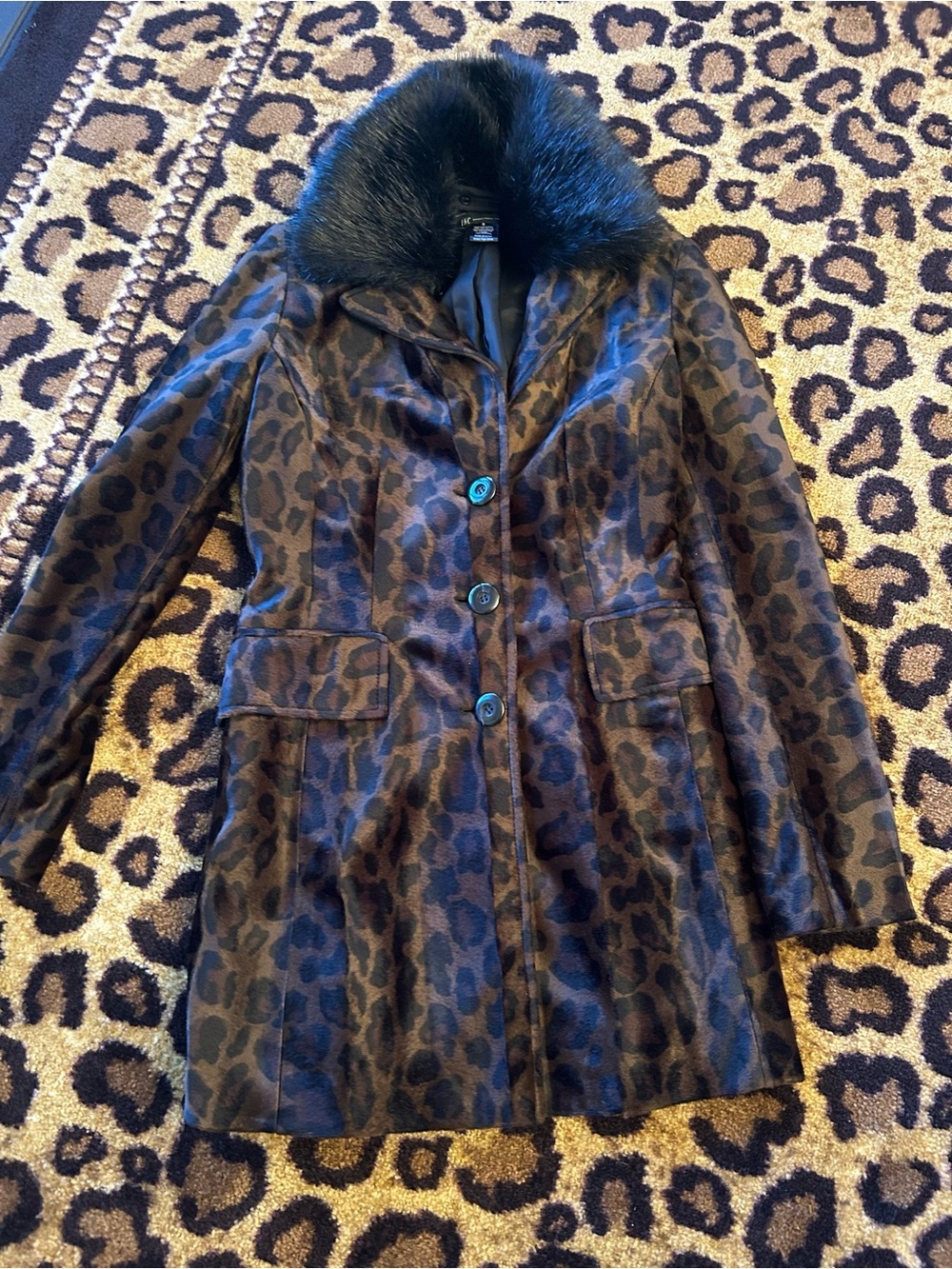 INC International Concepts Brown and Black Leopard Pea Coat with Faux Fur Collar